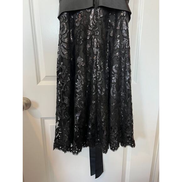 Tadashi Shoji Sequin Illusion Midi Dress Womens Sz 10 Mesh Belted Black Cocktail - Picture 7 of 12